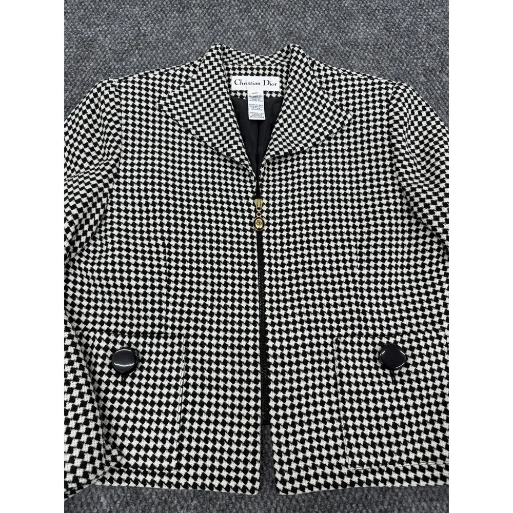 Vintage Christian Dior Women's 10P Crop Full Zip Houndstooth Jacket Blazer USA